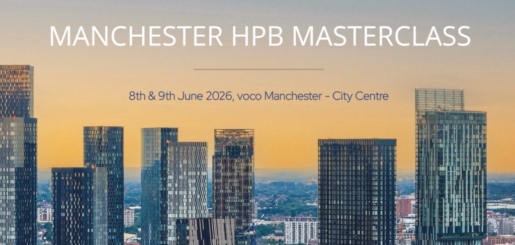 Promotional banner showing a Manchester skyline at sunset with the text 'MANCHESTER HPB MASTERCLASS' and event dates 8th & 9th June 2026, City Centre/venue implied in subtitle.